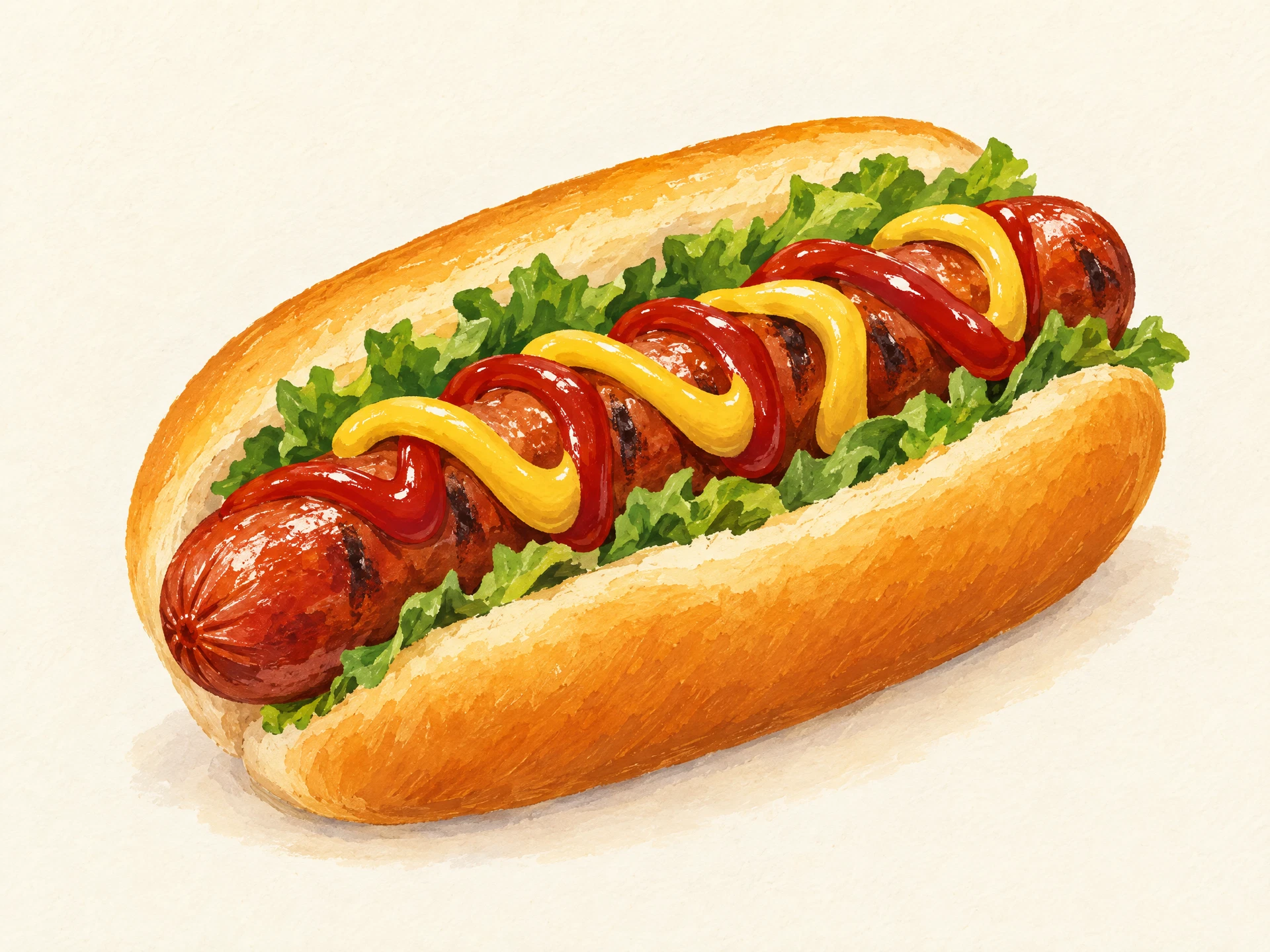 Ilustração editorial de um cachorro-quente com mostarda e ketchup